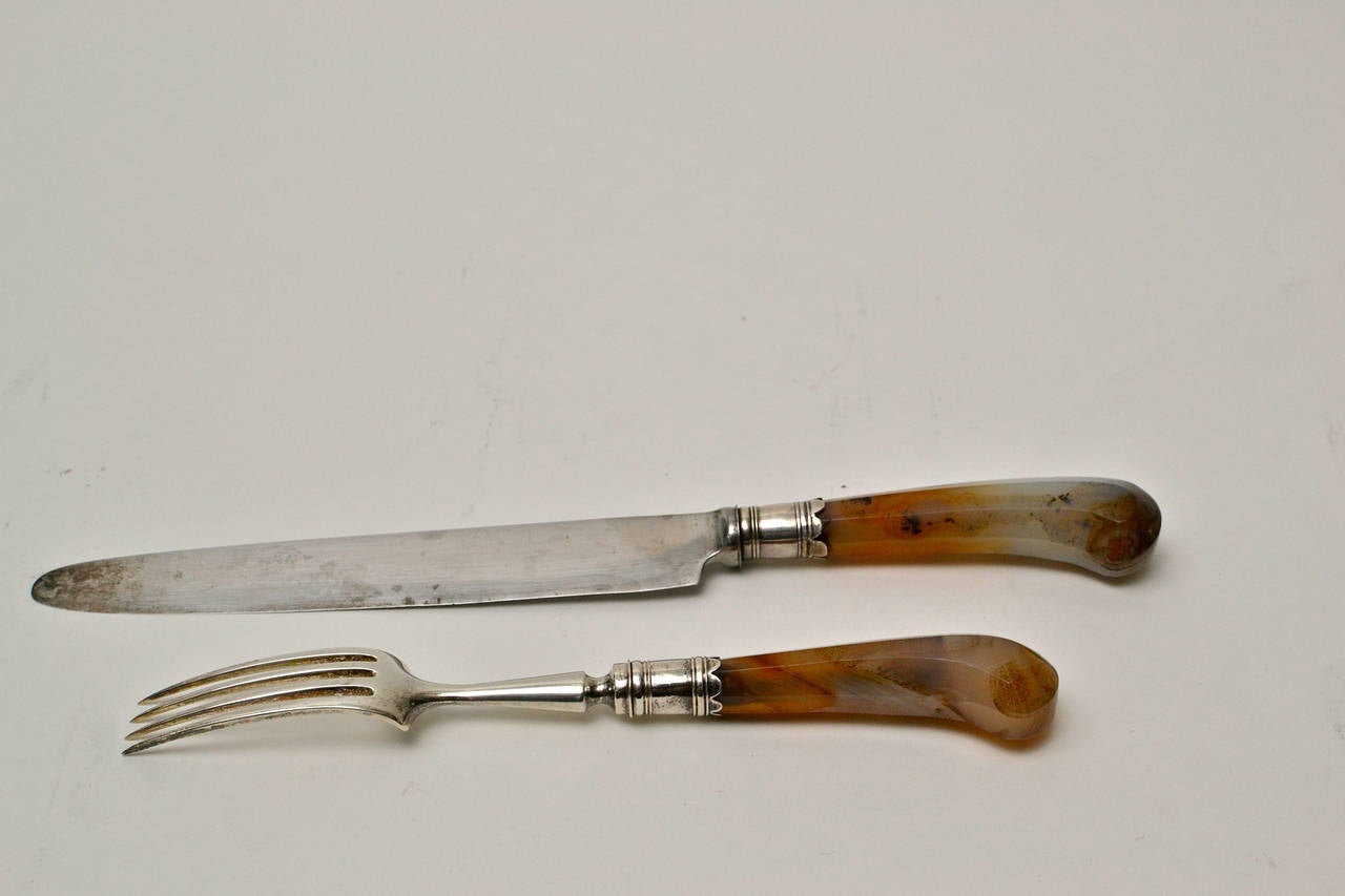 English Set of 18 Agate Handled Knives and Forks Together with Six Fruit Knives 2