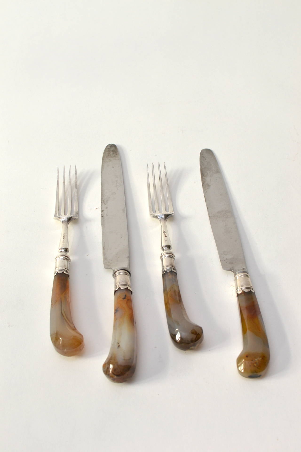 English Set of 18 Agate Handled Knives and Forks Together with Six Fruit Knives 1