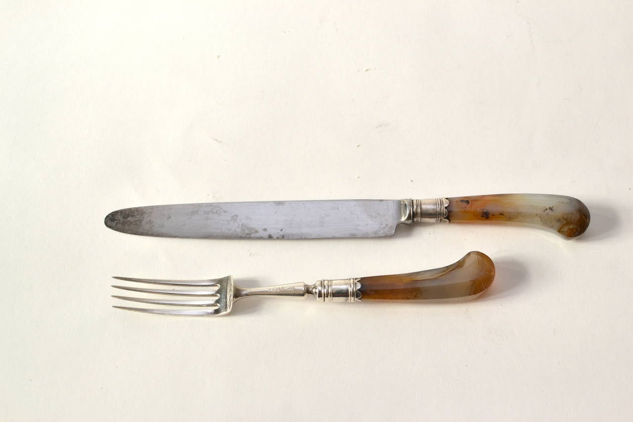 Mid-19th Century English Set of 18 Agate Handled Knives and Forks Together with Six Fruit Knives