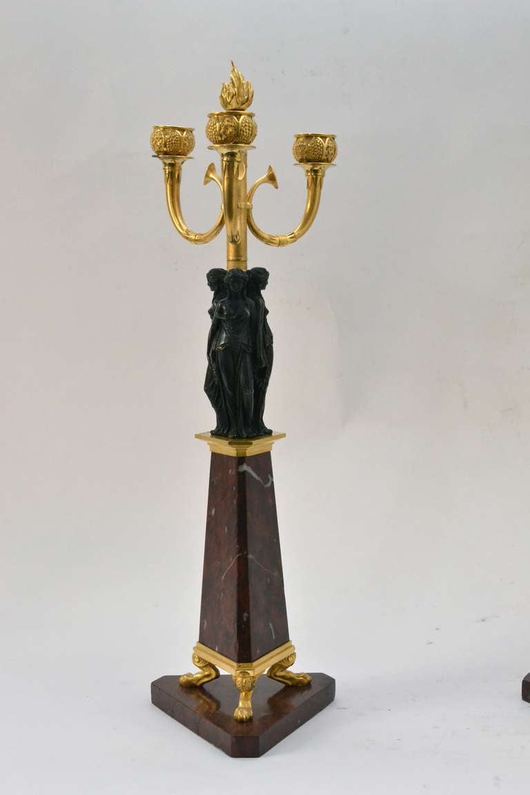 British Pair of Gilt Bronze and Red Marble Candelabra Attributed to Vulliamy & Son, Early 19th Century