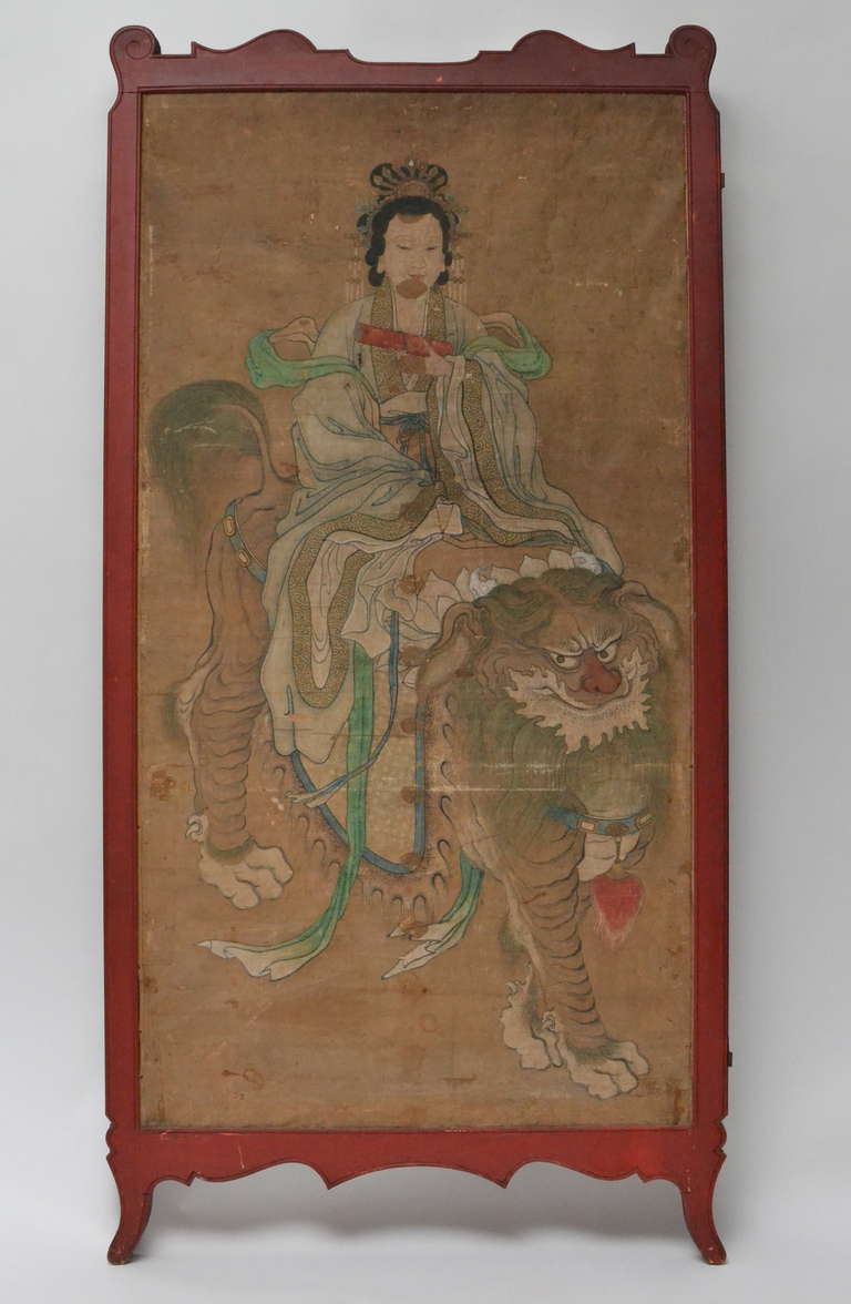 A large Chinese painting on paper in a red lacquer wood frame. 17th/18th century. Originally part of a screen.