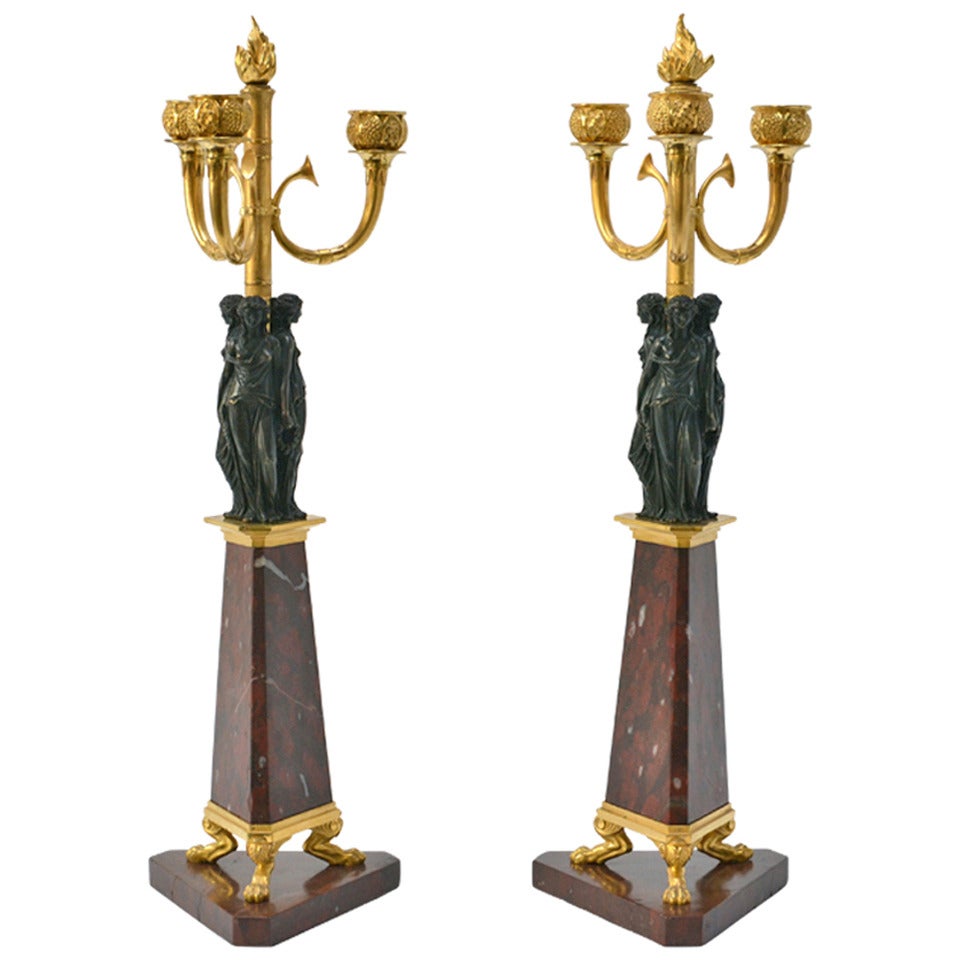 Pair of Gilt Bronze and Red Marble Candelabra Attributed to Vulliamy & Son, Early 19th Century