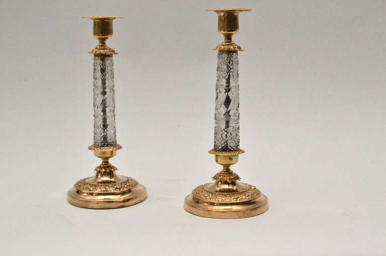 A pair of Russian candlesticks, gilt brass and cut glass. Circa 1830-40.