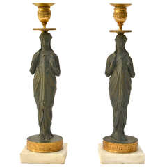 Pair of Unusual Empire Candlesticks, Indistinctly Signed and Dated, circa 1808