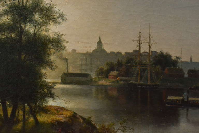 A fine city view of Stockholm by sunset and the nordic light painted by Carl Johan Ehrnfried Wahlqvist, (1815-1895), signed and dated 1878. A Swedish artist who went to Düsseldorf and Copenhagen to study arts. This view is painted from the park of