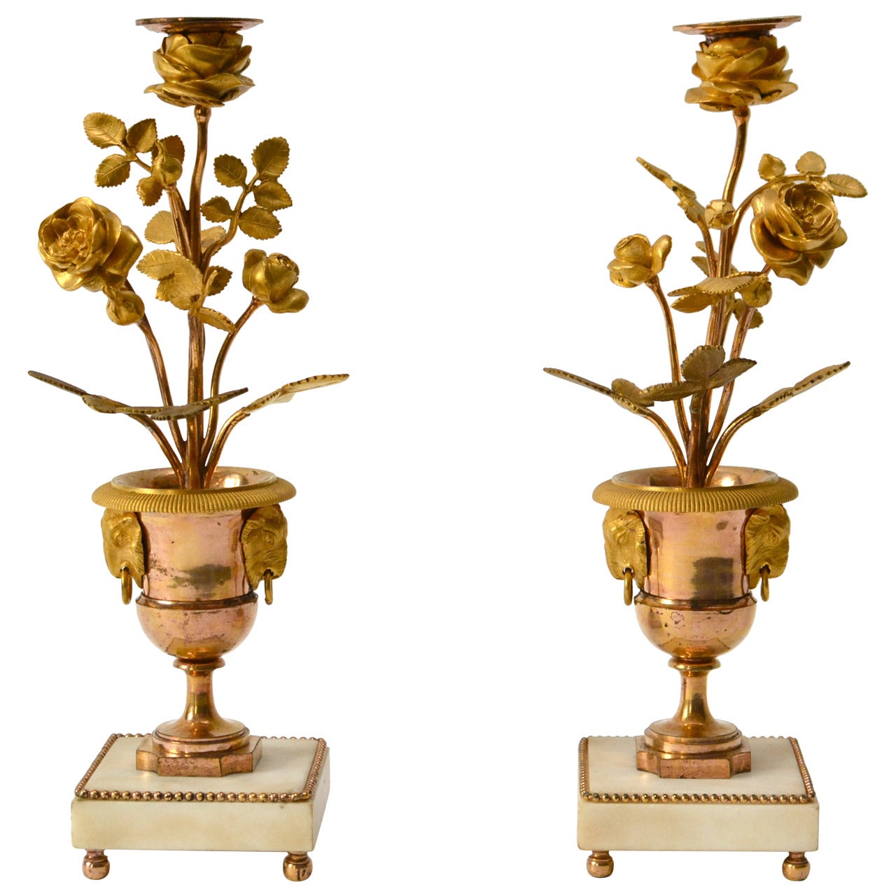 Pair of French Louis XVI Gilt Bronze and White Marble Candlesticks