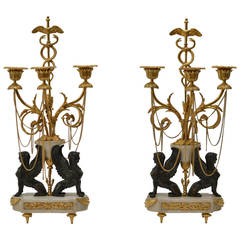 Pair of Neoclassical Gilt and Patinated Bronze and White Marble Candelabra
