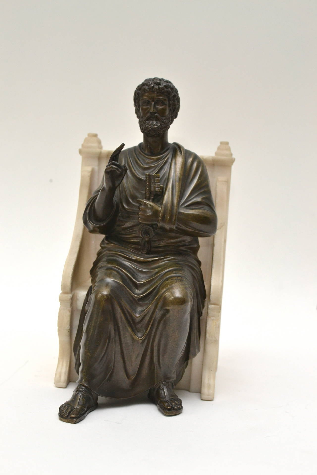 Italian Bronze Sculpture of St. Peter Seated on a Alabaster Throne Chair, 19th Century