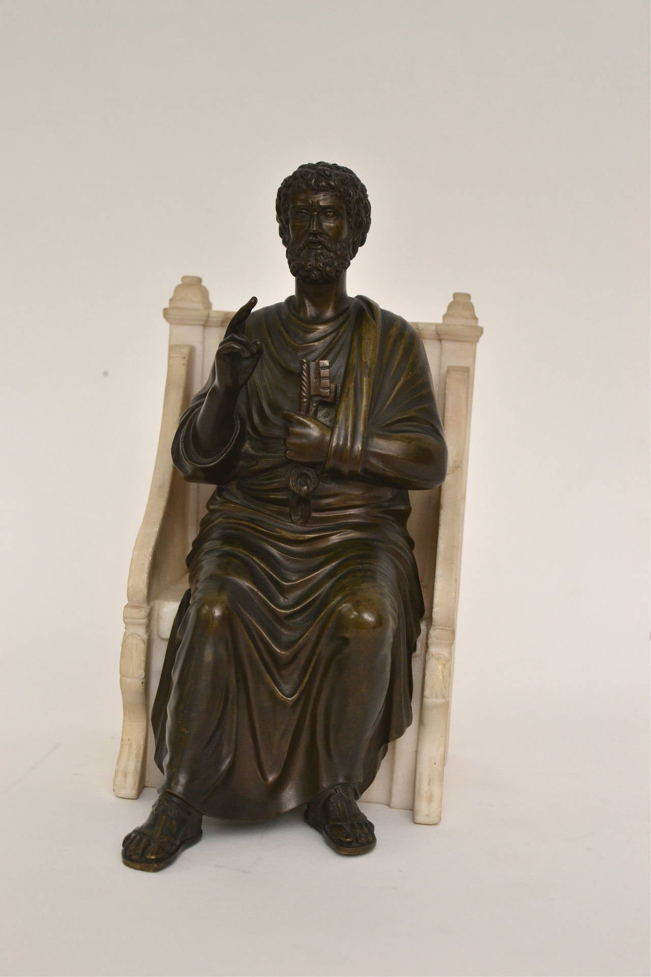 Carved Bronze Sculpture of St. Peter Seated on a Alabaster Throne Chair, 19th Century