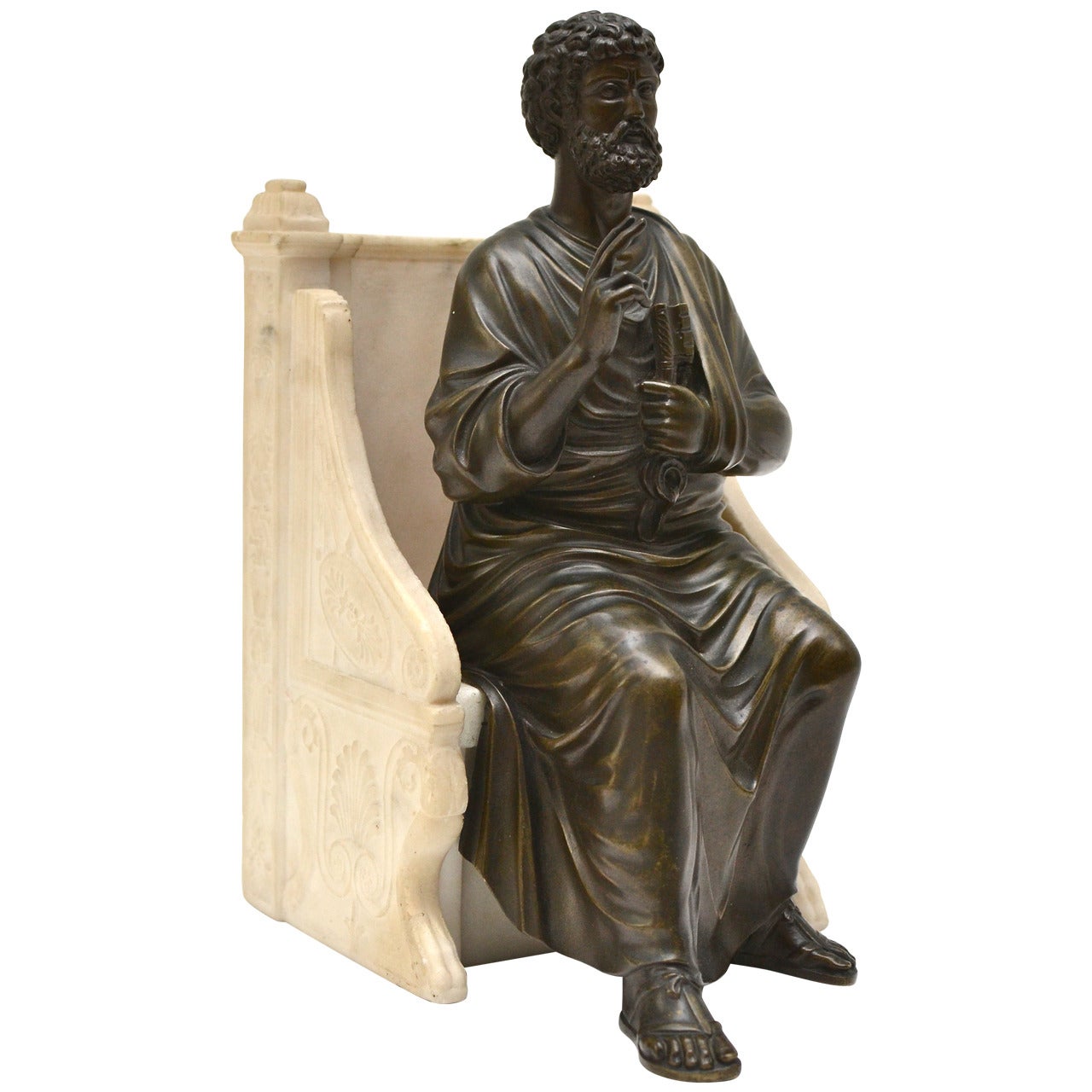 Bronze Sculpture of St. Peter Seated on a Alabaster Throne Chair, 19th Century