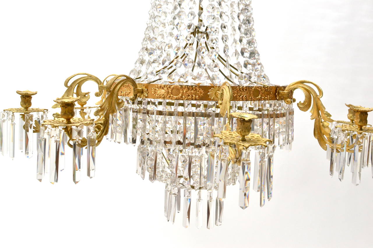 Large Swedish 19th Century Gilt Bronze Crystal Chandelier In Good Condition In Stockholm, SE