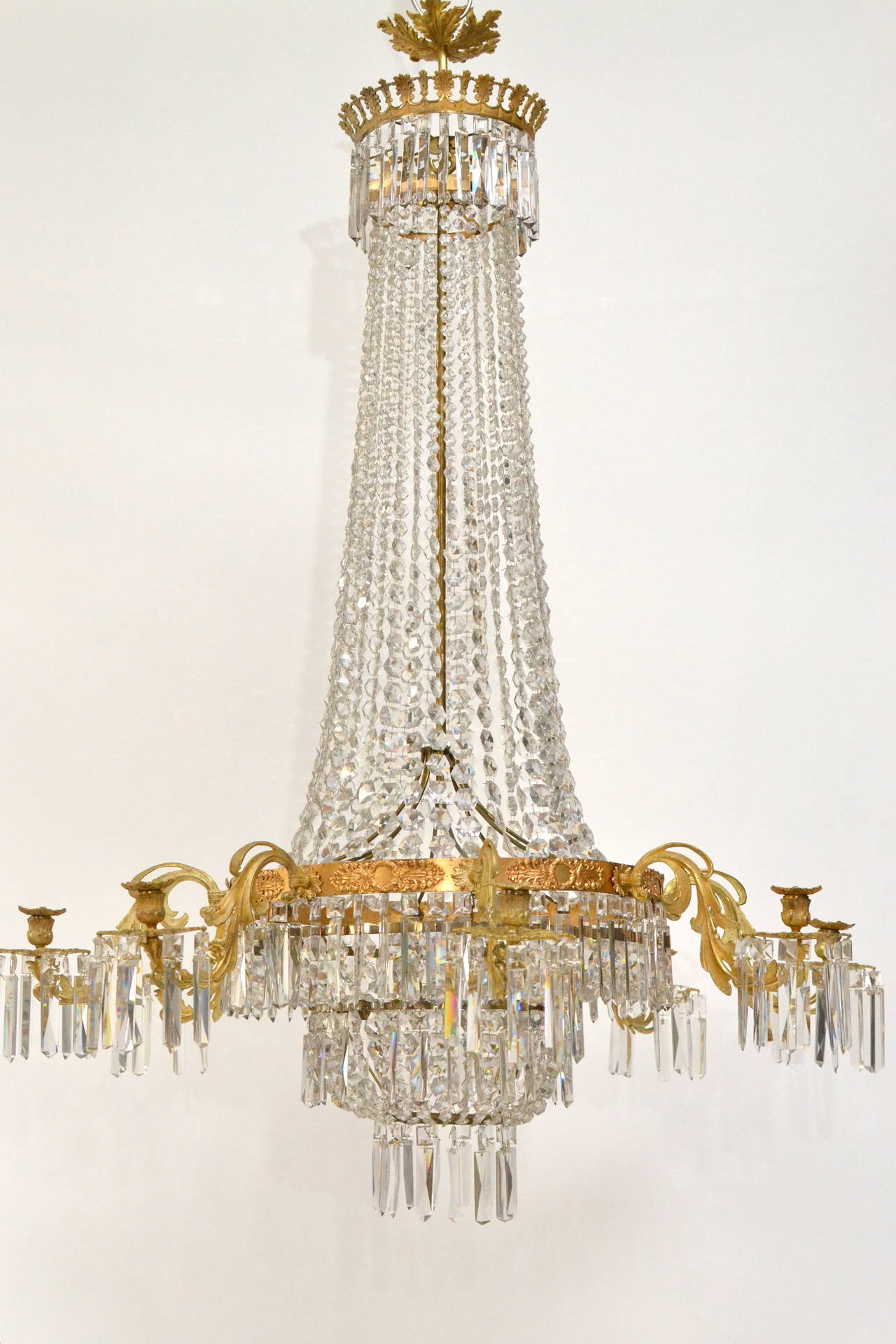 A large Swedish 19th century gilt bronze crystal chandelier.