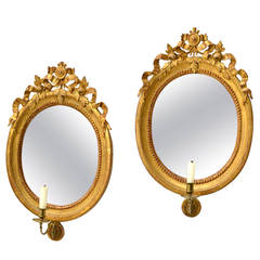 Antique Pair of 18th Century Oval Swedish Gustavian Giltwood Girandole Mirrors