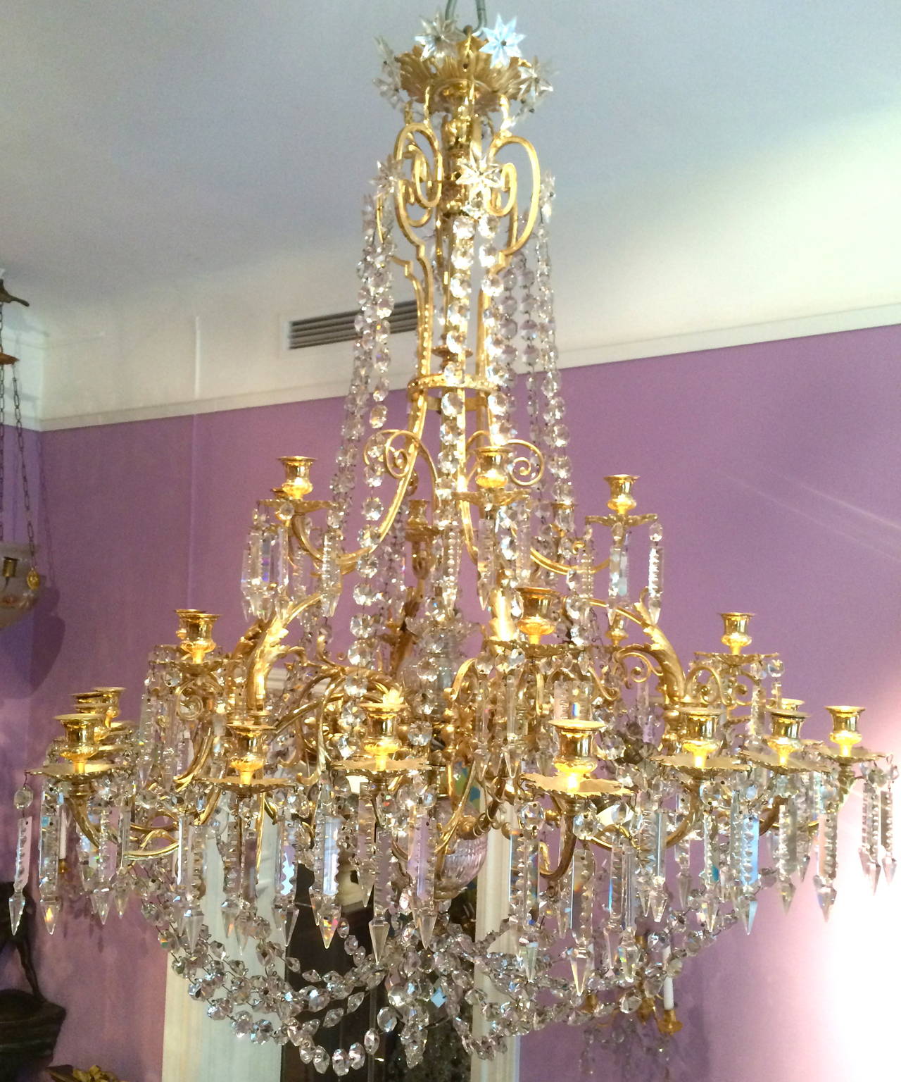 A large late 19th century gilt bronze and crystal chandelier.