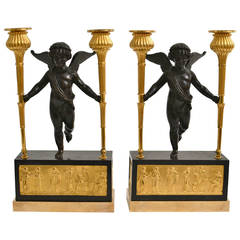 Pair of Empire Gilt Bronze and Black Marble Candelabras