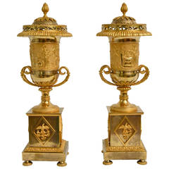 Pair of French Empire Gilt Bronze Urns with Lids