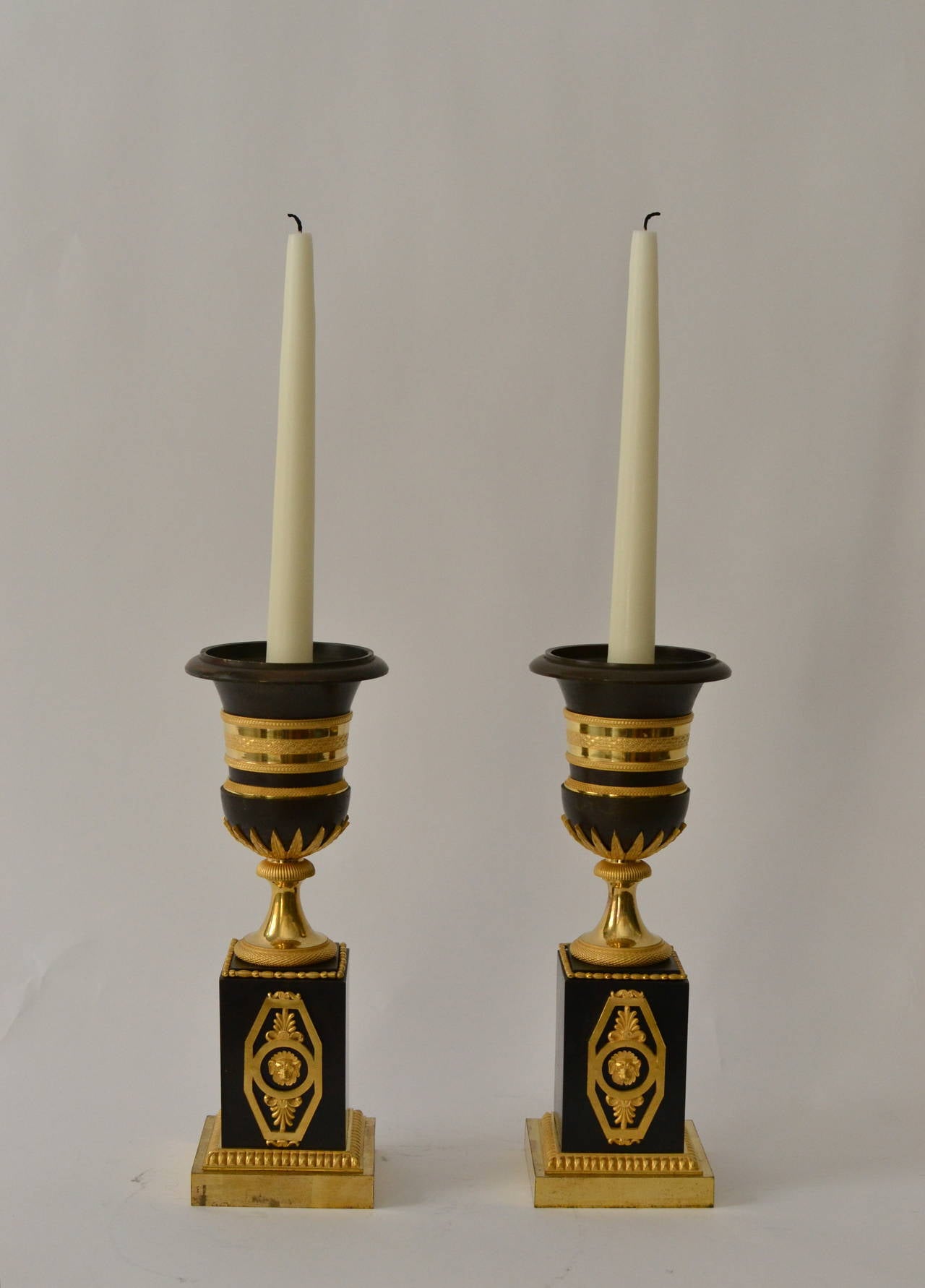 French Pair of Gilt Bronze Empire Urn Shaped Candlesticks, Early 19th Century