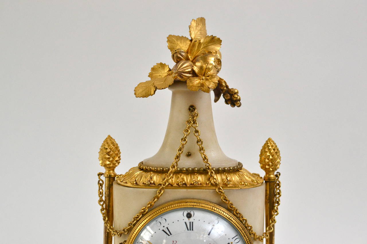 A Louis XVI ormolu and marble mantel clock, signed Barancourt a Paris, circa 1780. Michel-Pierre Barancourt, became maître-horloger in 1779, recorded at 9 rue d'Angouleme. He counted among his clients the court banker Nicolas Beaujon, the Comte de