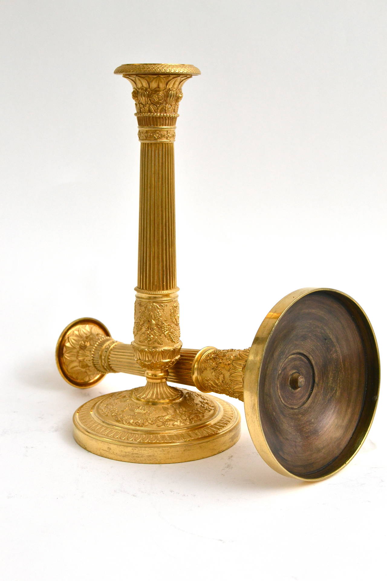 Pair of French Empire Gilt Bronze Candlesticks, Early 19th Century 1