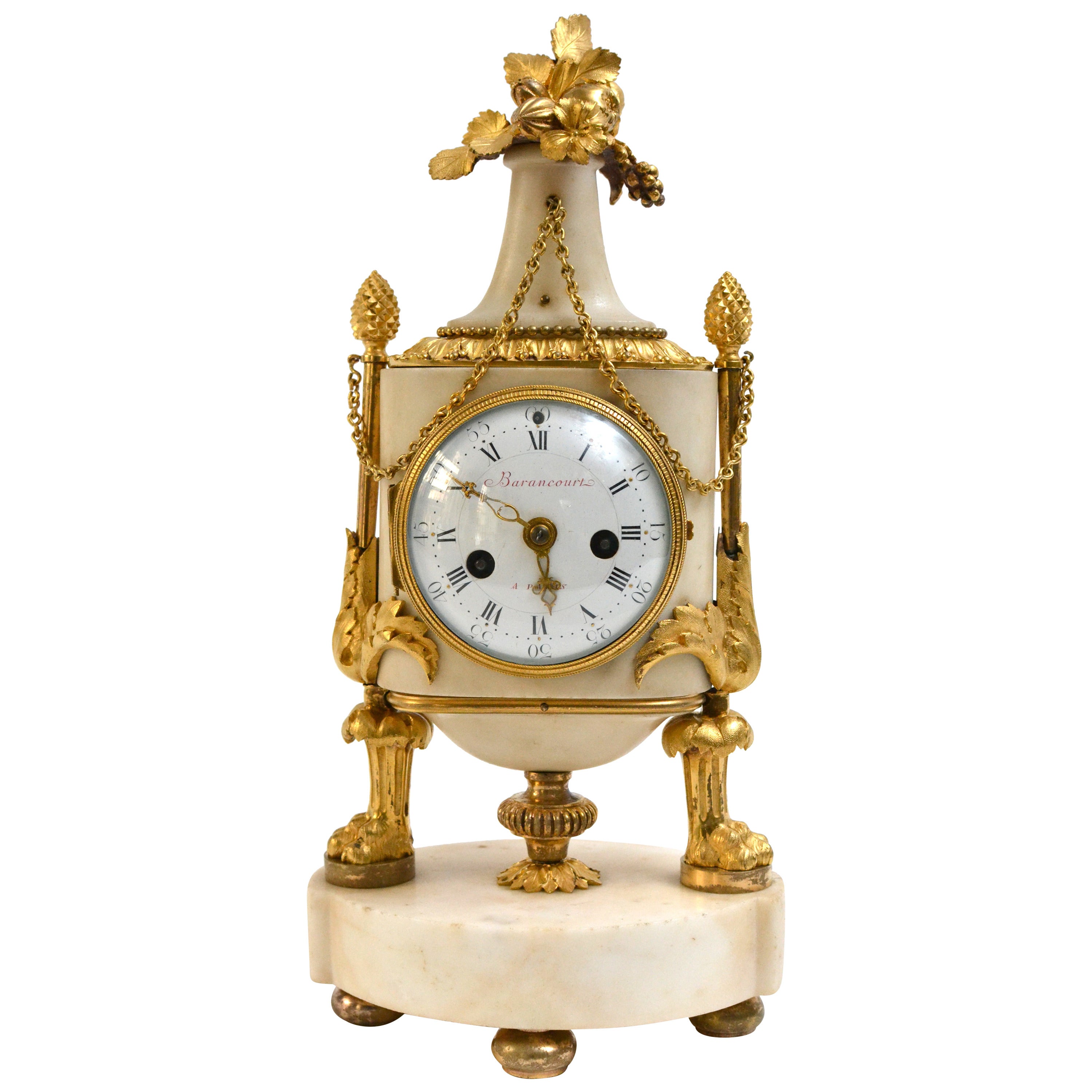 Louis XVI Ormolu and Marble Mantel Clock, Signed Barancourt a Paris