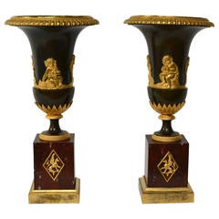 Pair of Gilt Bronze Empire Vases on Marble Bases, Early 19th Century