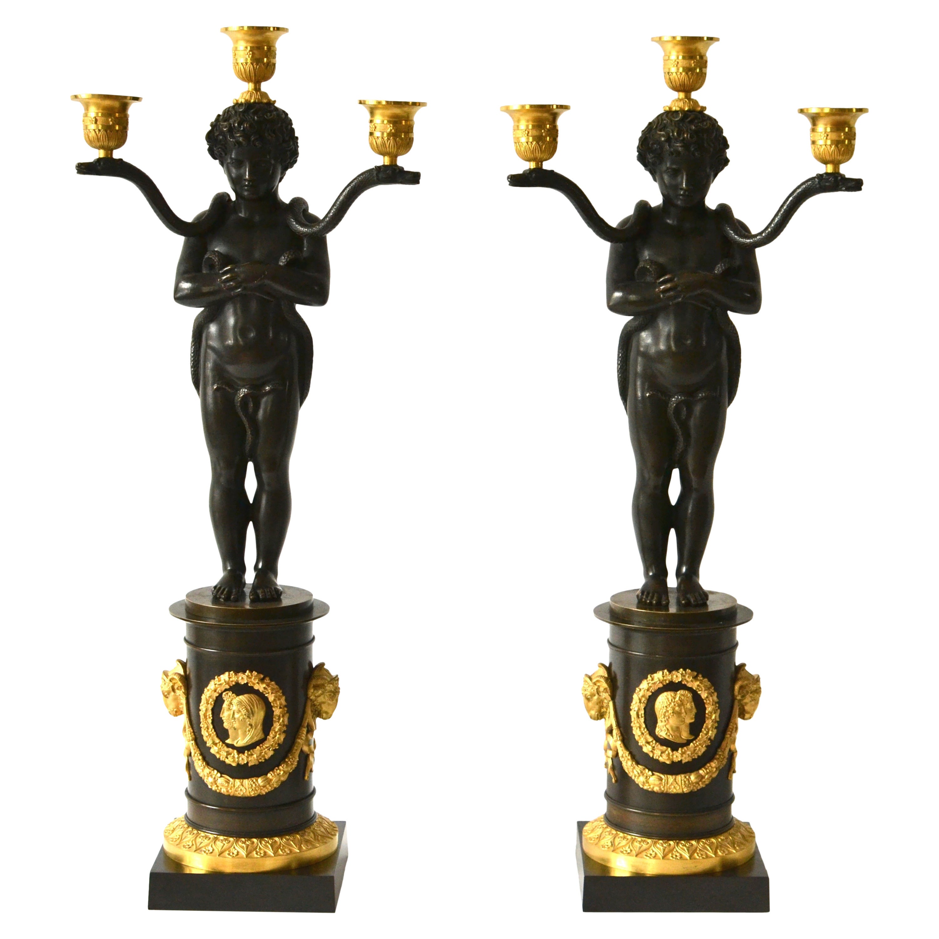 Pair of Empire Gilt Bronze Candelabras Attributed to Chiboust, Paris