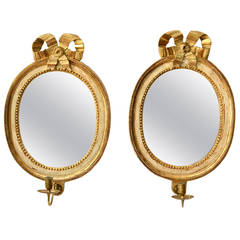 Antique Pair of Swedish Gustavian Giltwood Oval Mirror Girandoles, 18th Century