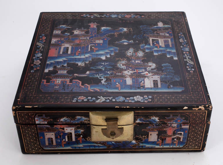 One Chinese lacquer boxes, early 1900s. From a Swedish private collection. One box 38x38x13 centimeters, the other 35x19x16 centimeters.