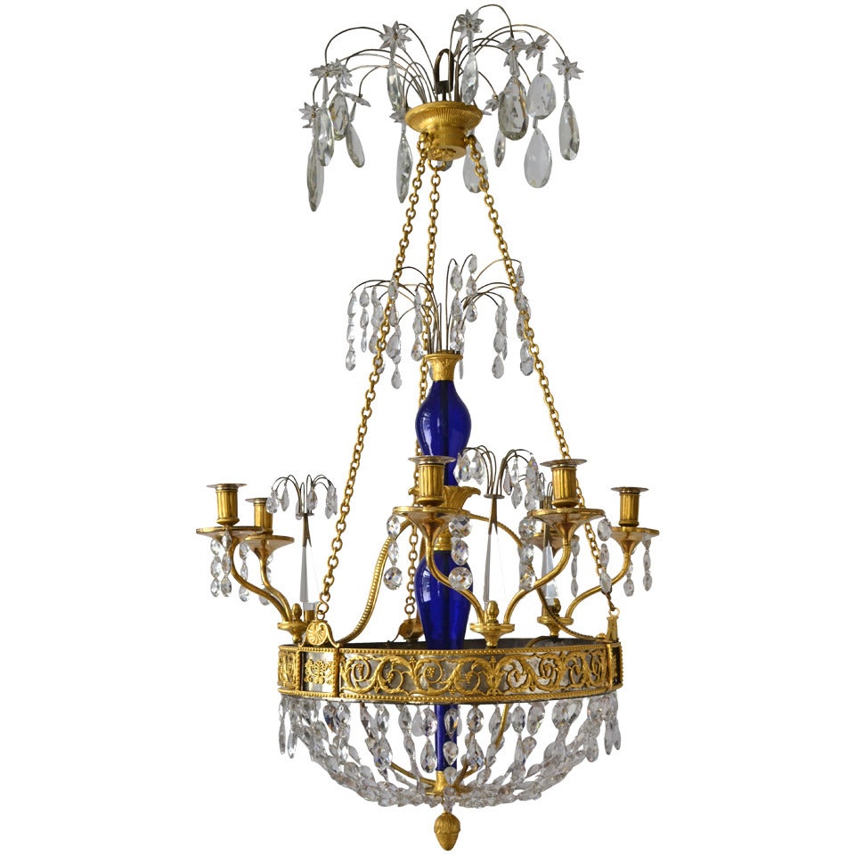 Russian Gilt Bronze and Blue Glass Chandelier, First Half of the 19th Century