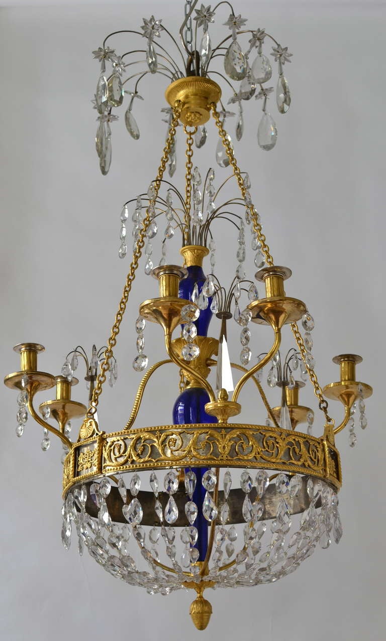 Baltic Russian Gilt Bronze and Blue Glass Chandelier, First Half of the 19th Century