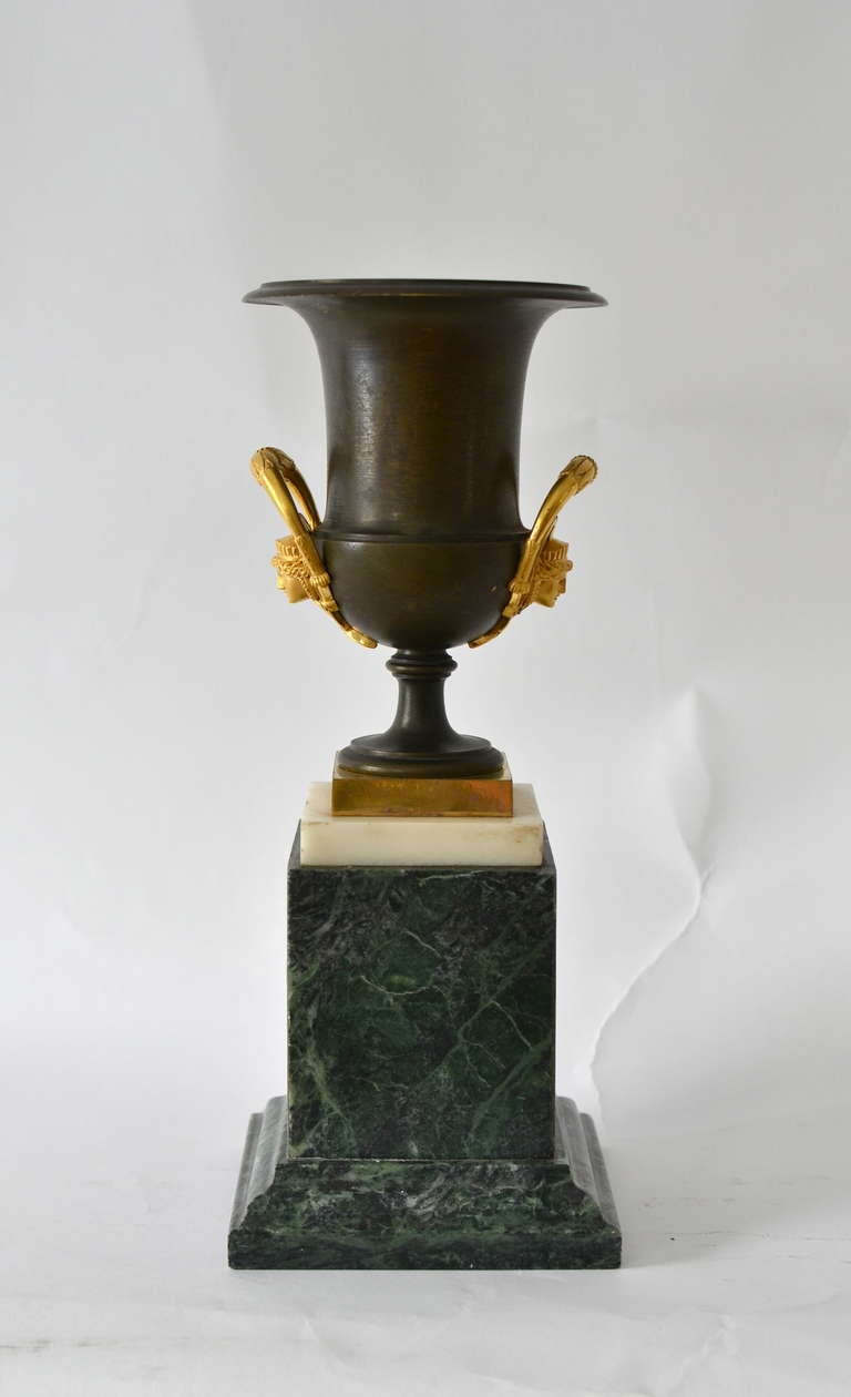 French Pair of Empire Gilt and Patinated Bronze Urns on Marble Bases
