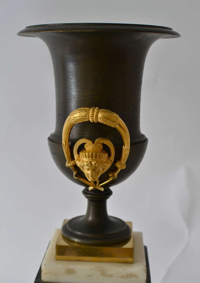 19th Century Pair of Empire Gilt and Patinated Bronze Urns on Marble Bases