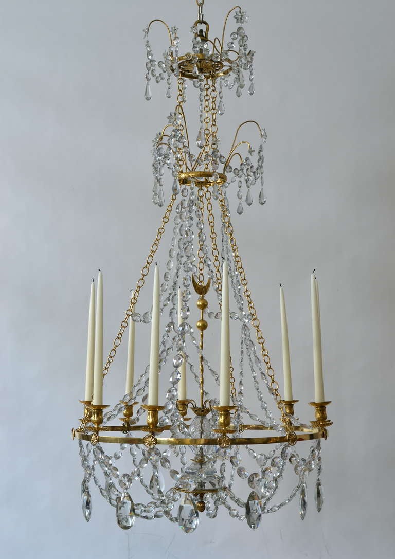 An important Russian gilt bronze chandelier, circa 1780. A very fine chandelier of exceptional quality. It´s a rare model, and the setup for the candleholders is very unusual being mounted on the ring in a set of 3 x 3. An amusing detail is 