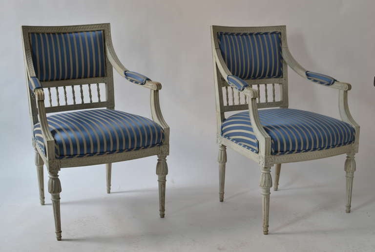 Pair of Swedish gustavian white/grey painted armchairs. Signed AHM-(Anders Hellman 1728-1793), made in Stockholm made c. 1790.