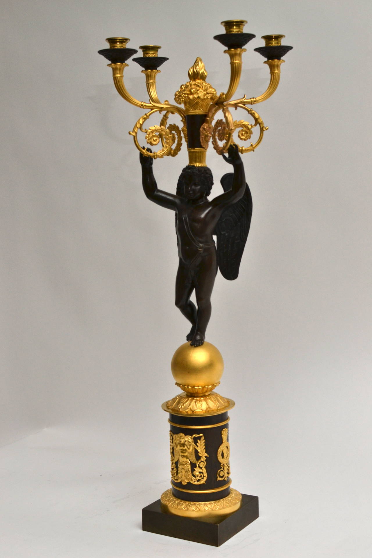 French Large Gilt Bronze and Patinated Candelabrum Signed Chibout
