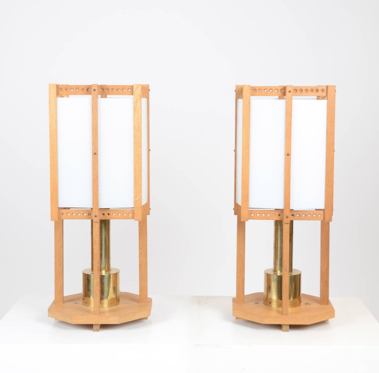 A pair of table lamps, designed for St Nicolai chapel in Helsingborg, Sweden, by John Kandell, 1956. Made by carpenter David Sjölinder.  

Lit: Gunilla Lundahl, John Kandell: Balanskonstnär, Raster, STHLM, 1992.