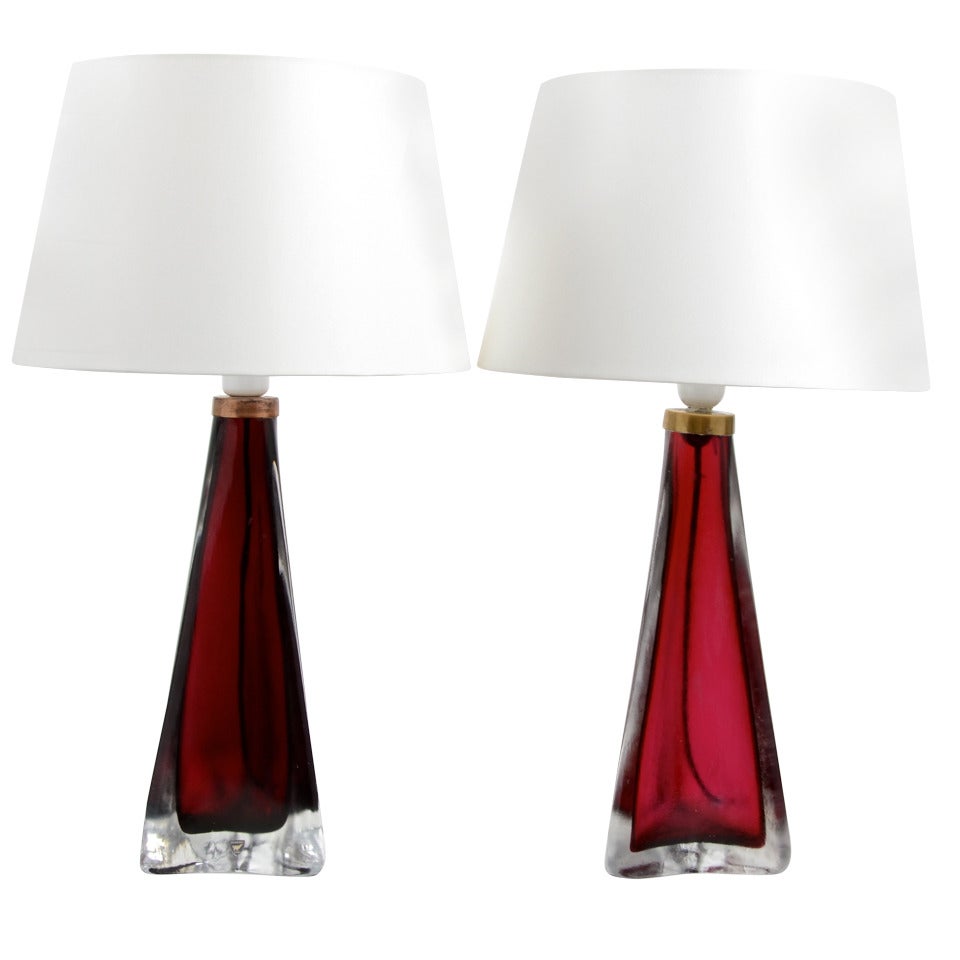 Pair of Large Triangular Glass Lamps by Carl Fagerlund Orrefors Sweden, mid-1900 For Sale