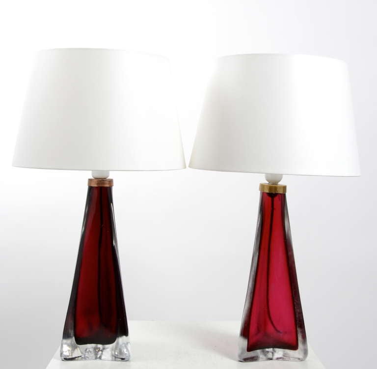 A large pair of table lamps made by Carl Fagerlund for Orrefors Sweden.
A matt acid finish/corroso.