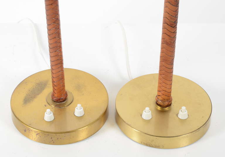 Brass Pair of Table Lamps in brass and braided leather, Bertil Brisborg, NK Sweden