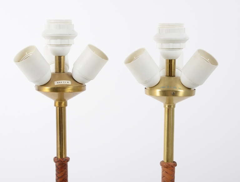 Pair of Table Lamps in brass and braided leather, Bertil Brisborg, NK Sweden In Good Condition In Stockholm, SE