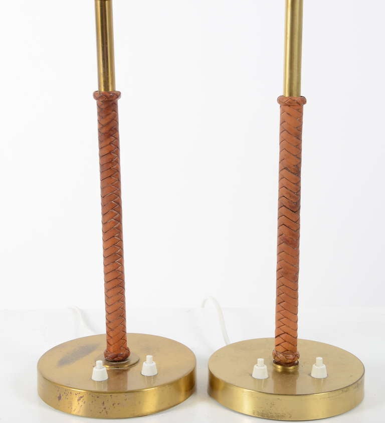 Mid-20th Century Pair of Table Lamps in brass and braided leather, Bertil Brisborg, NK Sweden