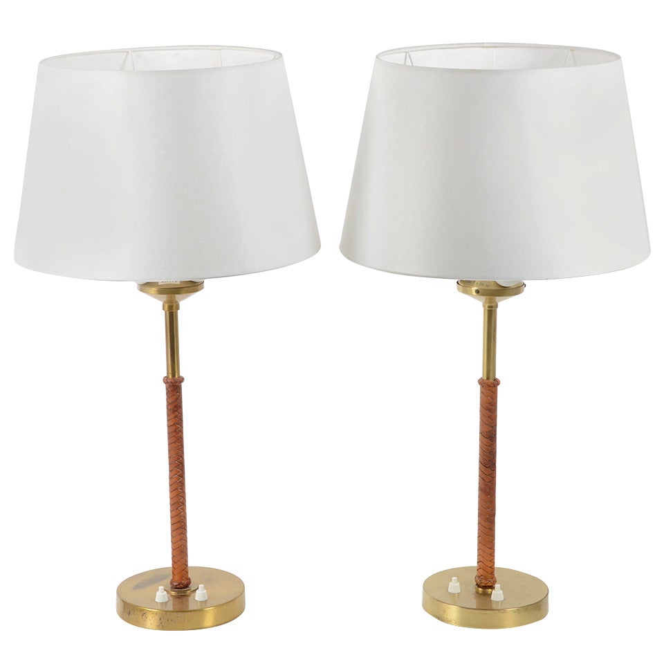 Pair of Table Lamps in brass and braided leather, Bertil Brisborg, NK Sweden
