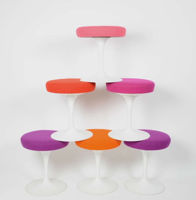 Set of tulip stools designed by Eero Saarinen for Knoll.<br />
<br />
Recently reupholstered in wool fabric.
