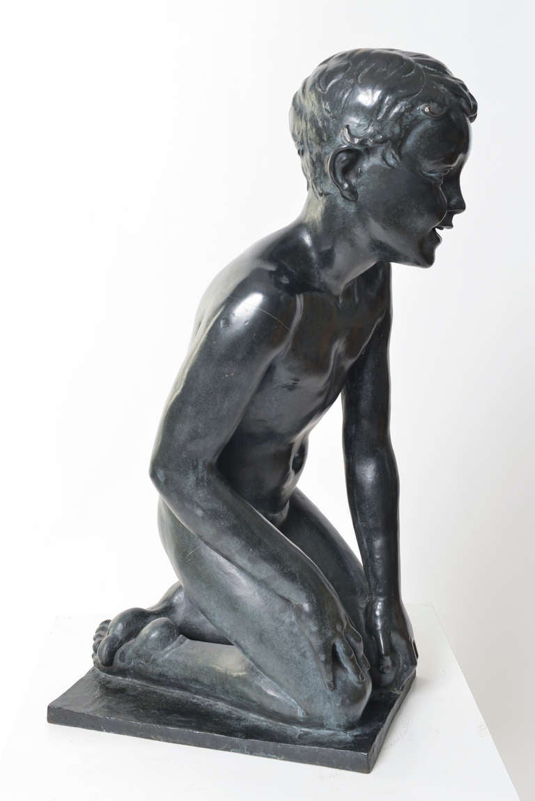 Beautiful original bronze figure of a young boy. Probably made as a garden sculpture but looking at the even color/patina I would say ithis one has been sitting indoors.

It's been casted and marked by the founder Otto Meyer a former company in