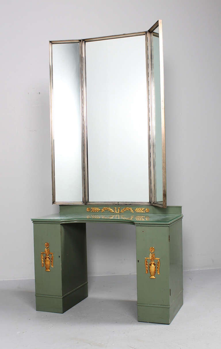 Unique vanity made by Carl Malmsten for Nordiska Kompaniet NK in the 1930s. 

Thick metal framed mirror on hinges.

Marked NK on metal label inside of one of the doors and on the backside. Also branded CM for Carl Malmsten underneath.

Width