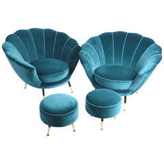 Pair of Easy Chairs with Stools, Italian, 1950s, in the Style of Ico Parisi