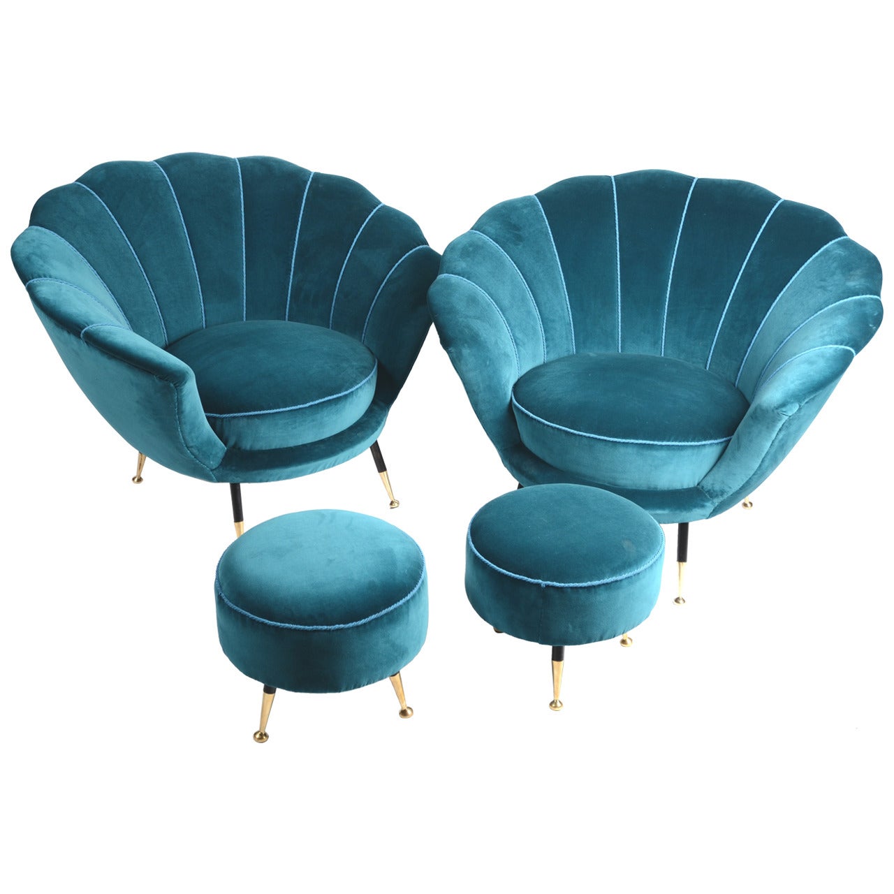 Pair of Easy Chairs with Stools, Italian, 1950s, in the Style of Ico Parisi