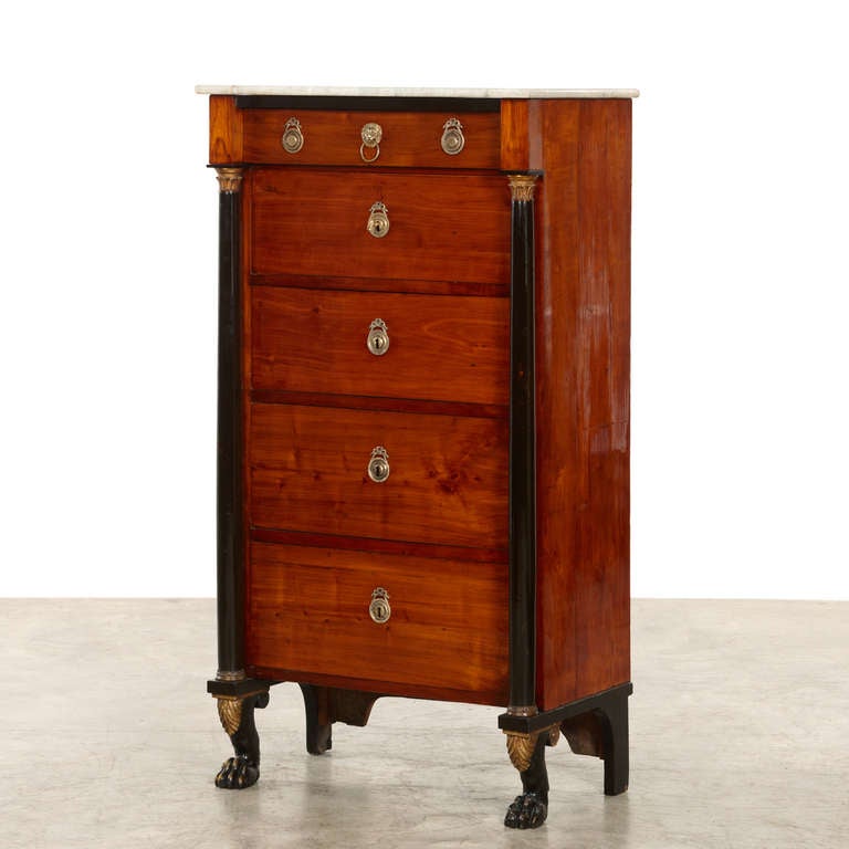 Neoclassical chest of drawers in cherrywood with freestanding ebonized pillars and feet in the form of animal paws. Top with white marble, Austria (Vienna), circa 1820. Everything appears original with original patina. Beautiful French polish.