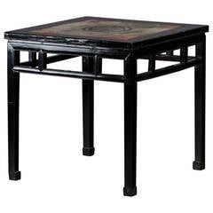 Beautiful Chinese Center Table in Black Lacquer, Rare Sandstone Plate