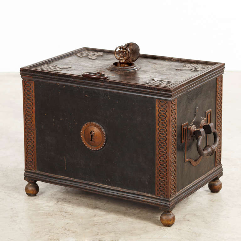 Beautiful chest safe with brass ornaments. Sides with handle. Impressive inside locker system. Appear untouched with original patina. 
Northern Europe, 1820-50.